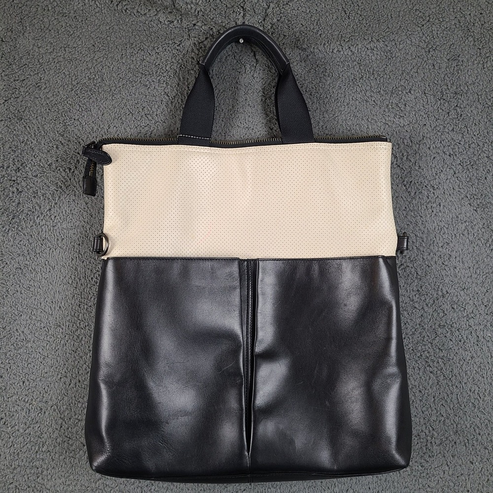 Coach Charles Foldover Tote Black Cream Perforated Leather Bag F57569